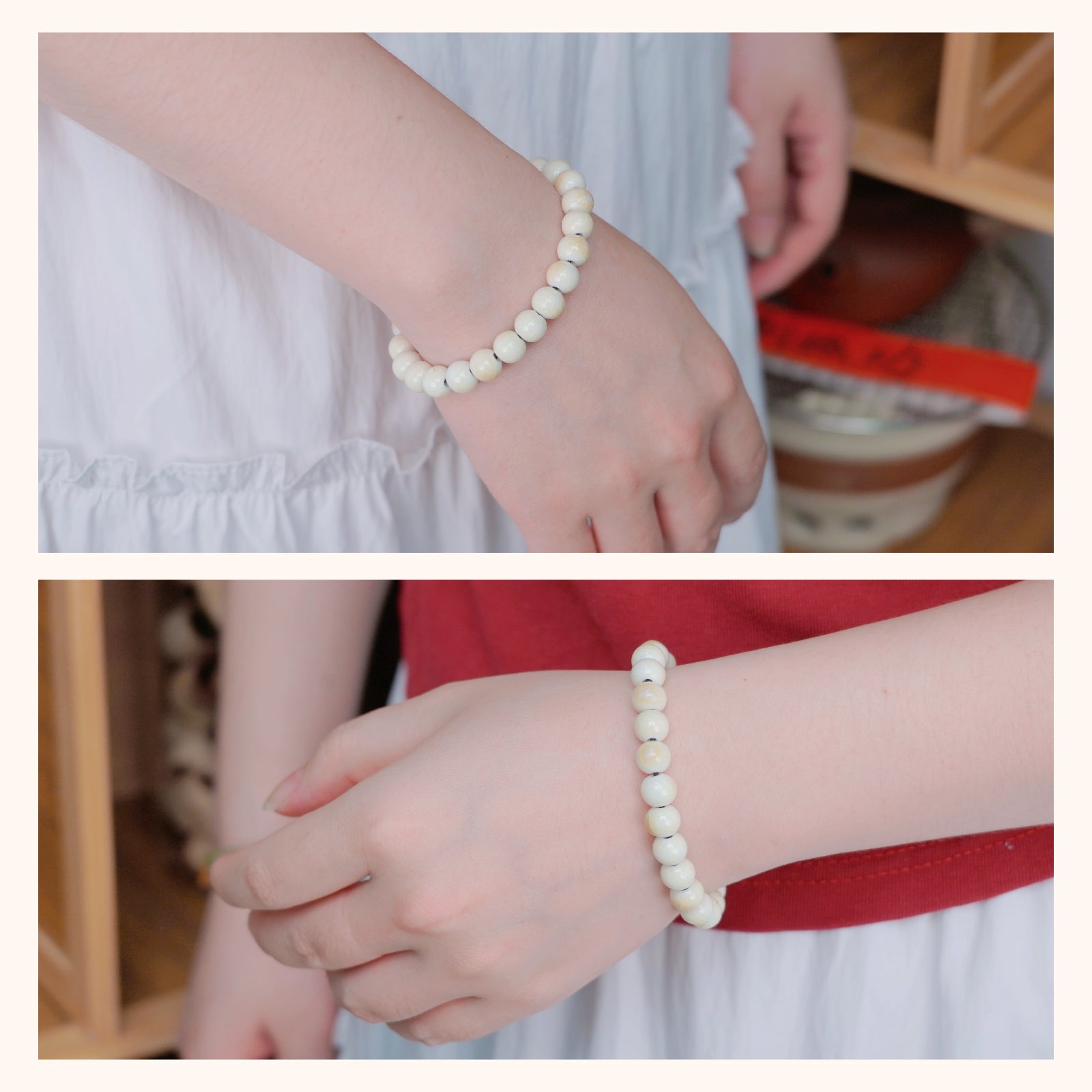 Handmade Cream Ceramic Bead Bracelet, Elastic Stretch Bracelet for Women, Boho Jewelry Gift