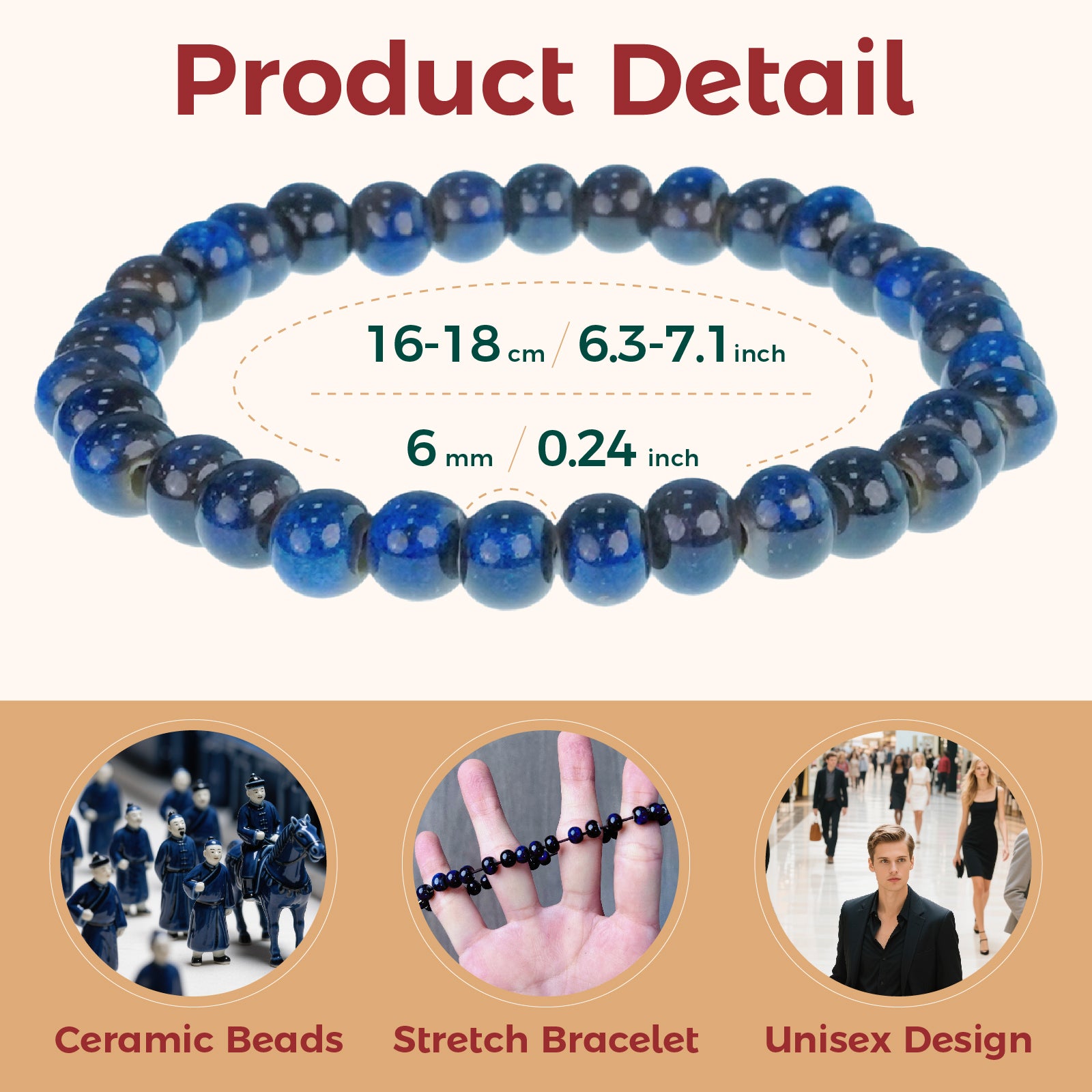Handmade Blue Ceramic Bead Bracelet, Elastic Stretch Bracelet for Women and Men, Boho Jewelry Accessory