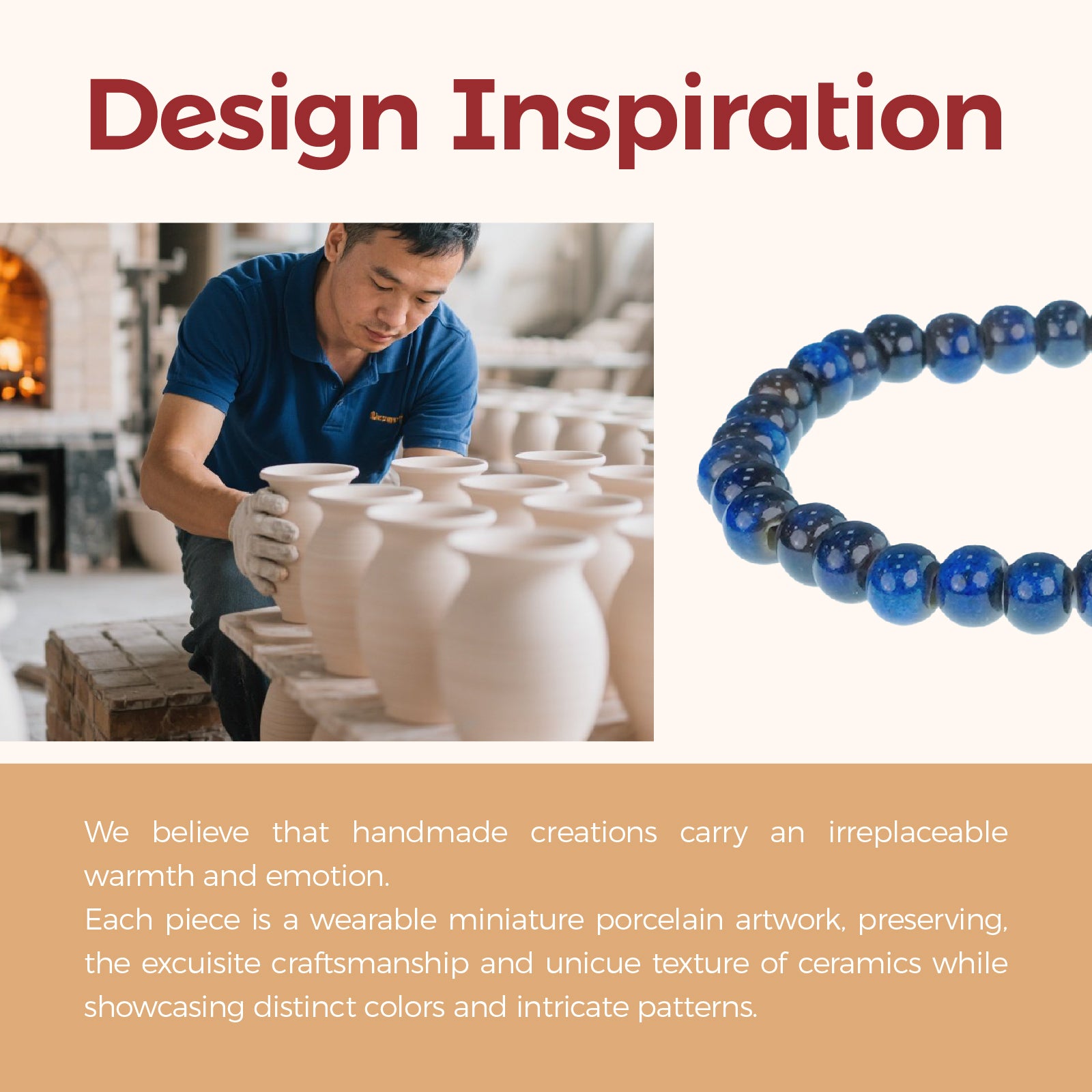 Handmade Blue Ceramic Bead Bracelet, Elastic Stretch Bracelet for Women and Men, Boho Jewelry Accessory