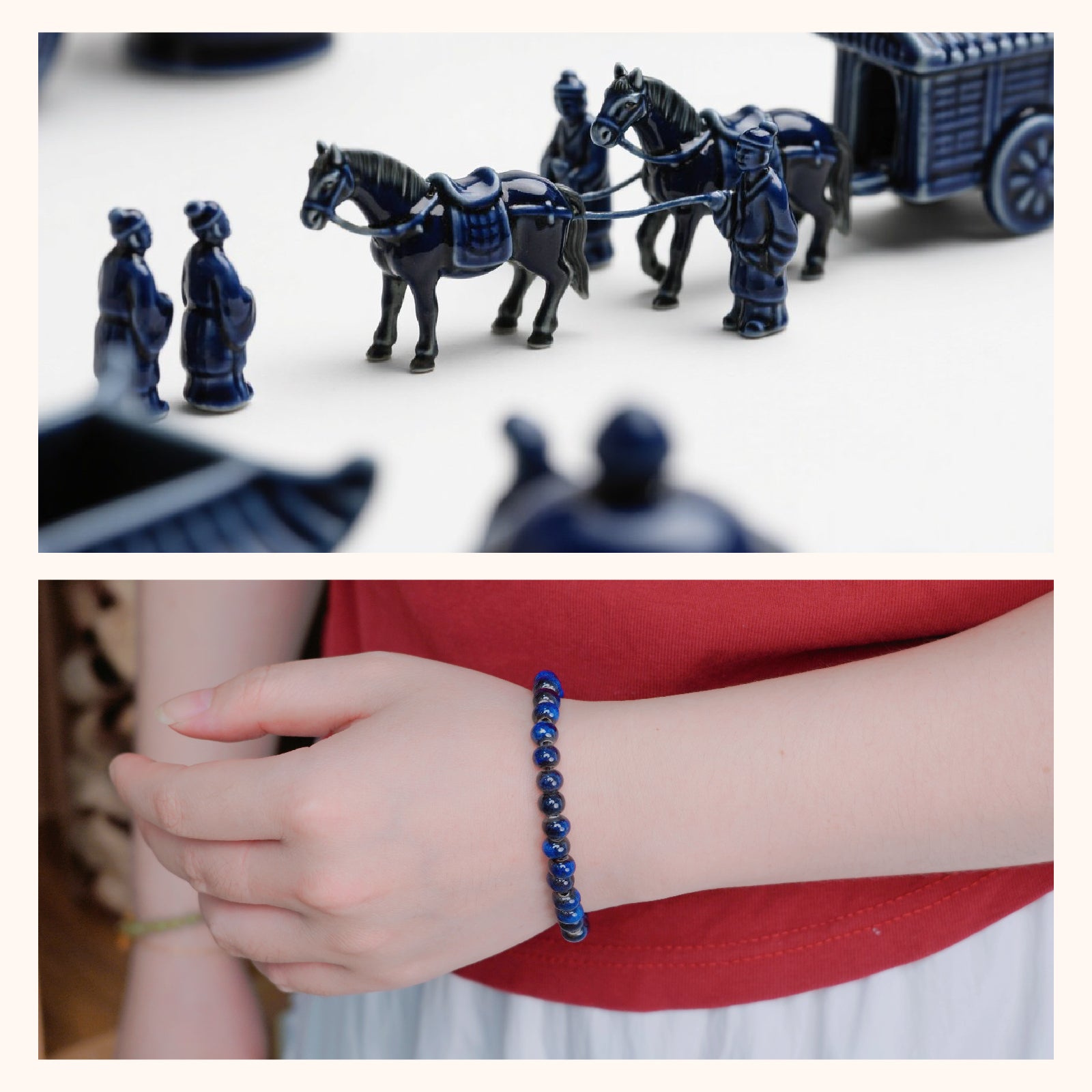 Handmade Blue Ceramic Bead Bracelet, Elastic Stretch Bracelet for Women and Men, Boho Jewelry Accessory