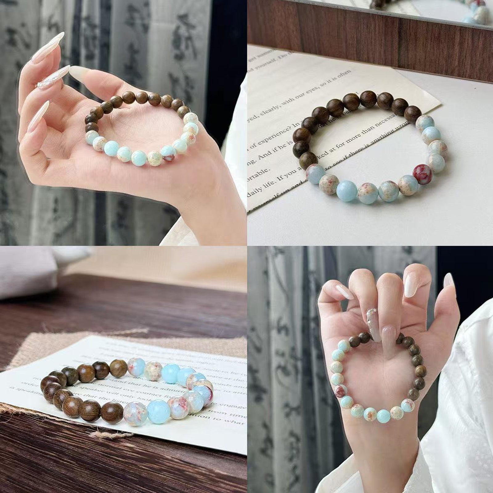 Natural Gemstone Bracelet 8mm Round Bead Bracelets, Shoushan Stone Sandalwood Handmade Elastic Bracelet