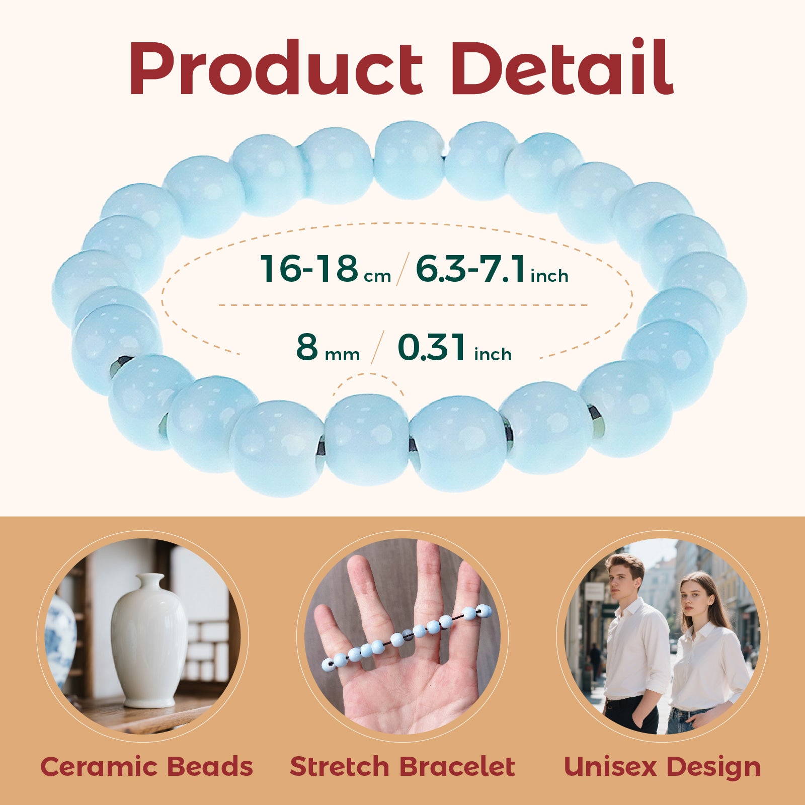 Bead Bracelets for Women and Men 8mm Round Ceramic Beads Stretch Bracelet (Light Blue)