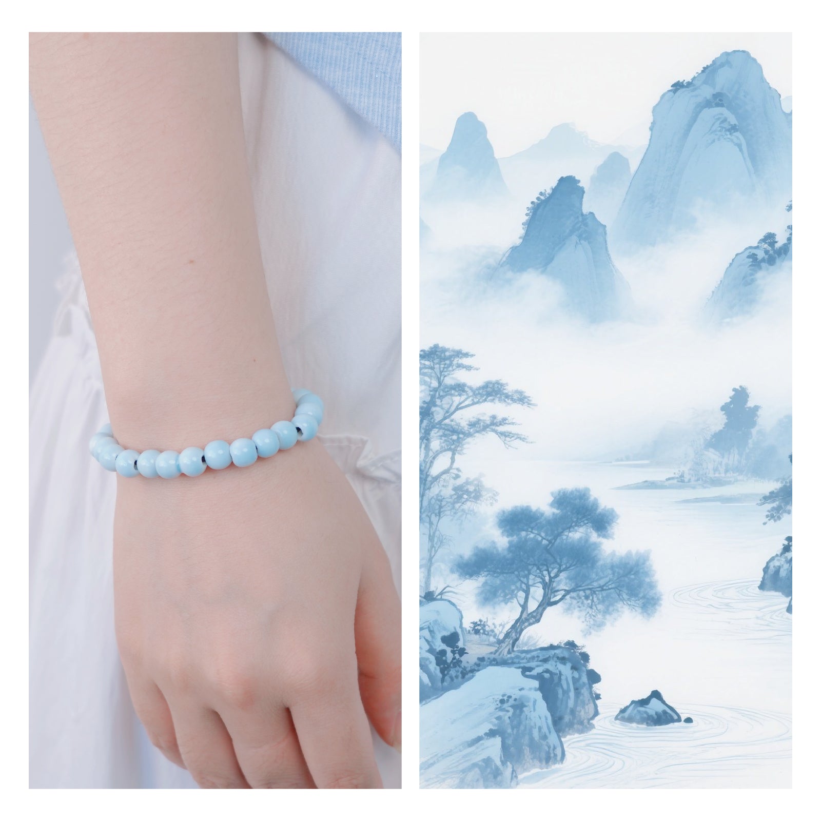 Bead Bracelets for Women and Men 8mm Round Ceramic Beads Stretch Bracelet (Light Blue)