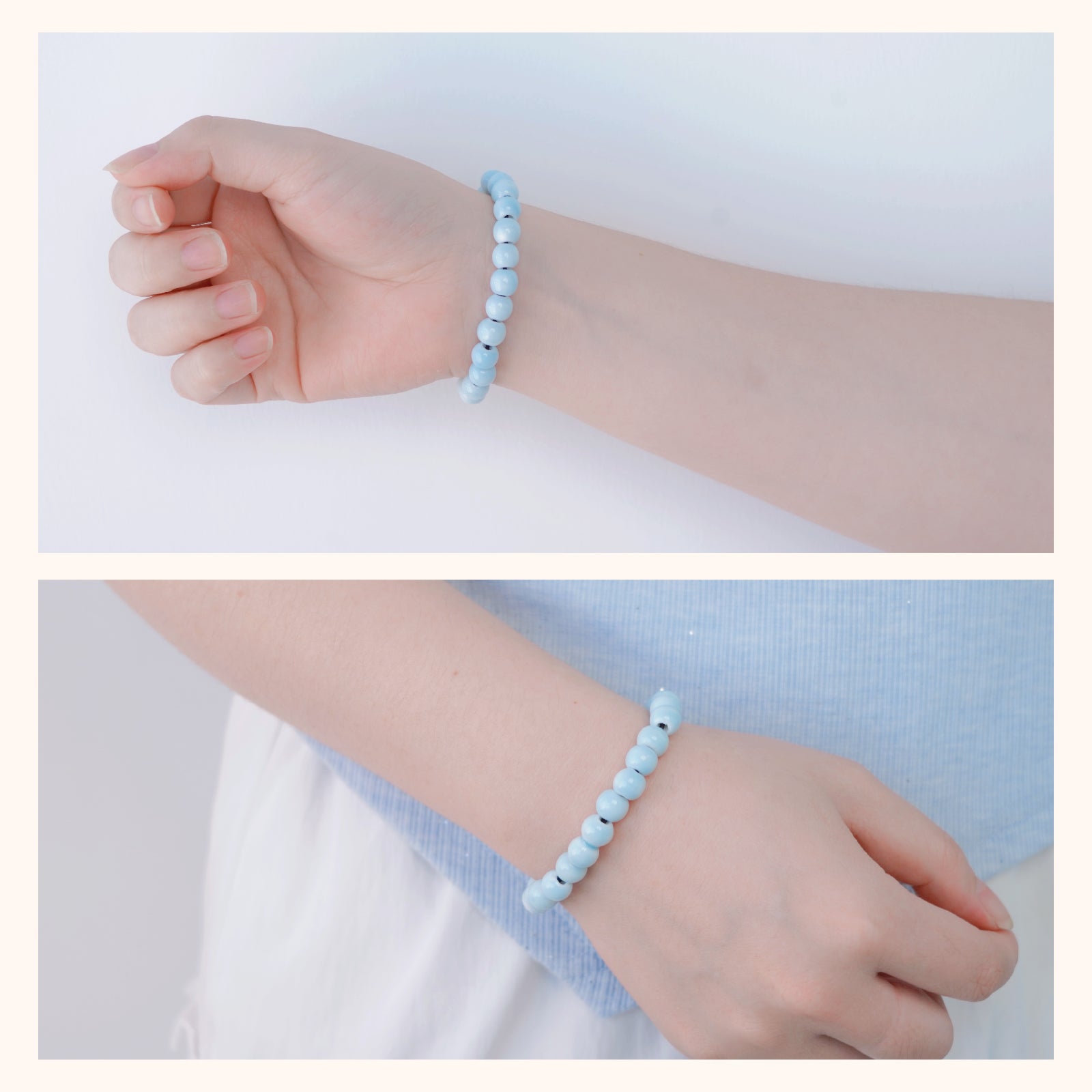 Bead Bracelets for Women and Men 8mm Round Ceramic Beads Stretch Bracelet (Light Blue)
