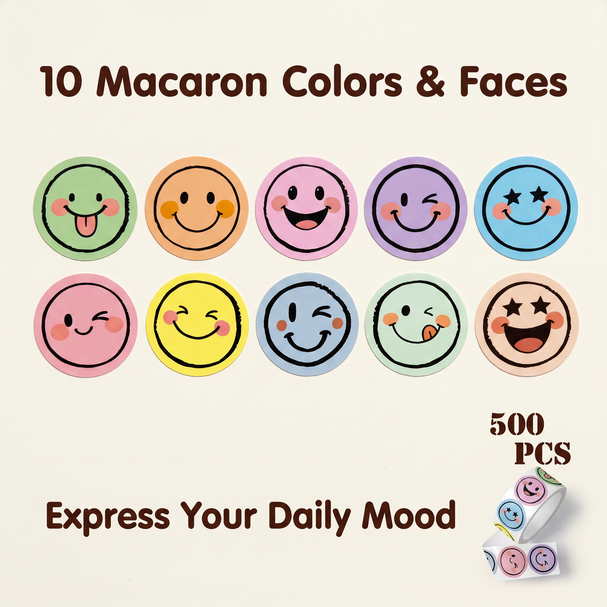 Axxlern Design 500 Smiley Face Stickers,Emoji Sticker Roll for Kids