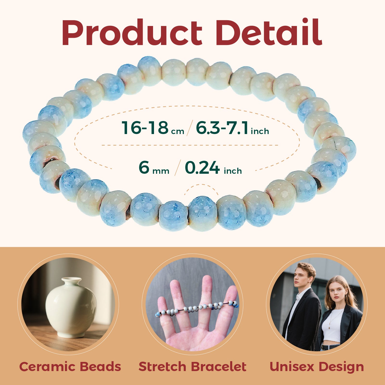Bead Bracelets 6mm Round Ceramic Beads Stretch Bracelet Colorful Beaded Bracelets Fits for Men and Women (Ice Blue)