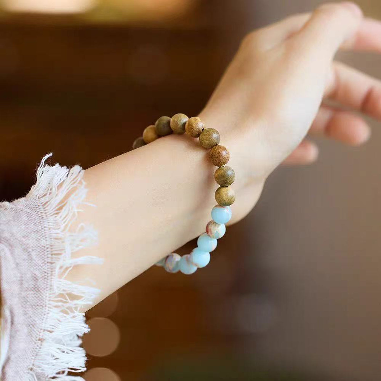 Natural Gemstone Bracelet 8mm Round Bead Bracelets, Shoushan Stone Sandalwood Handmade Elastic Bracelet