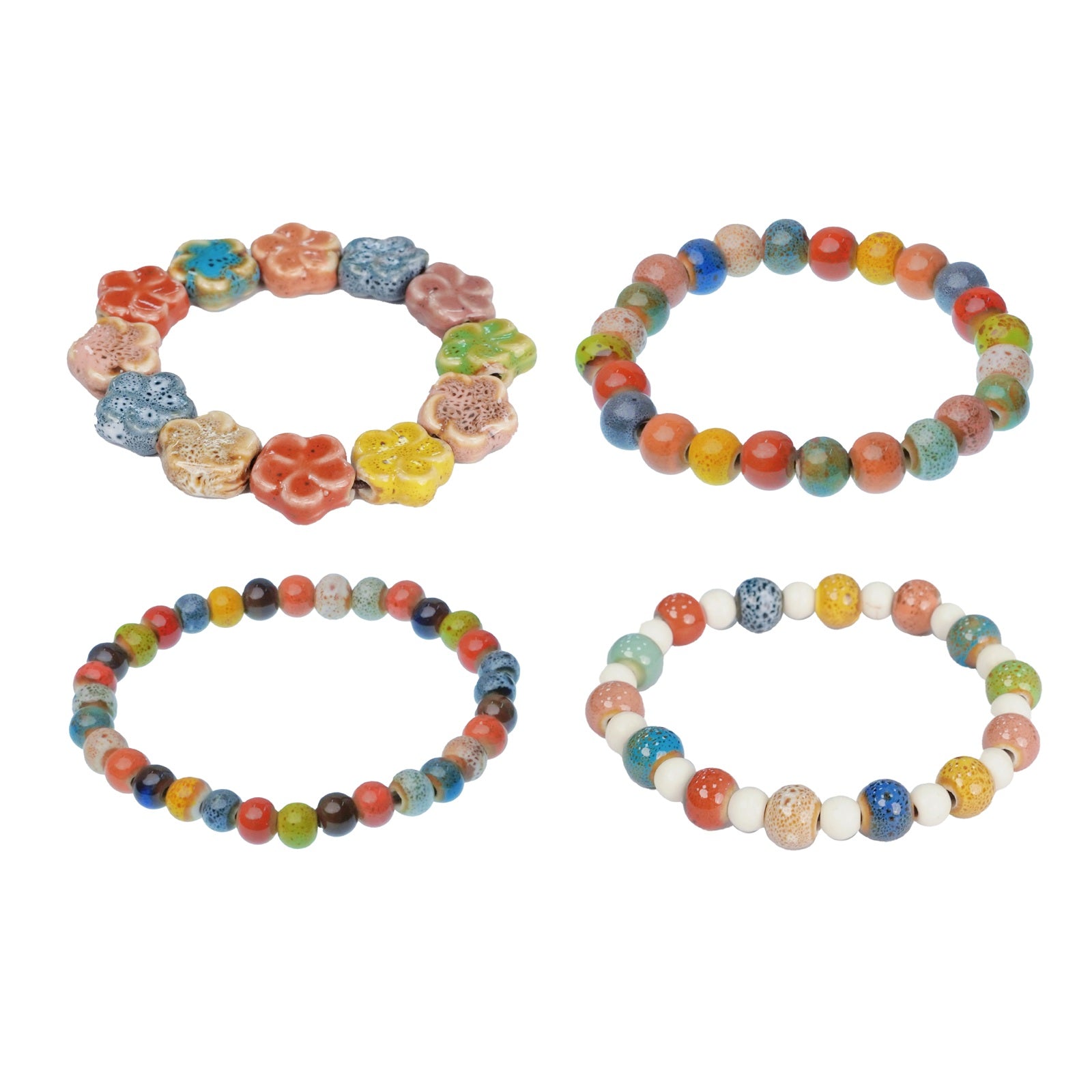 4 Pcs Handmade Ceramic Bead Bracelets Set, Colorful Boho Elastic Stretch Bracelets for Women Men, Stackable Festival Jewelry Gift