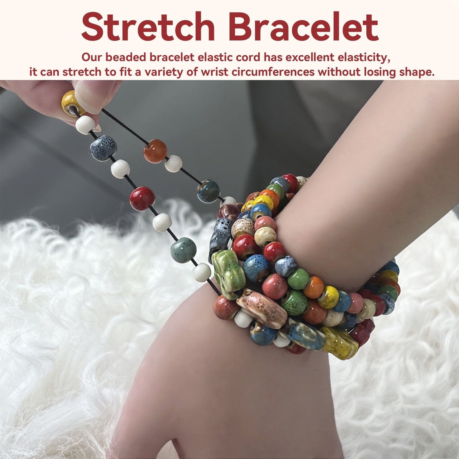 4 Pcs Handmade Ceramic Bead Bracelets Set, Colorful Boho Elastic Stretch Bracelets for Women Men, Stackable Festival Jewelry Gift