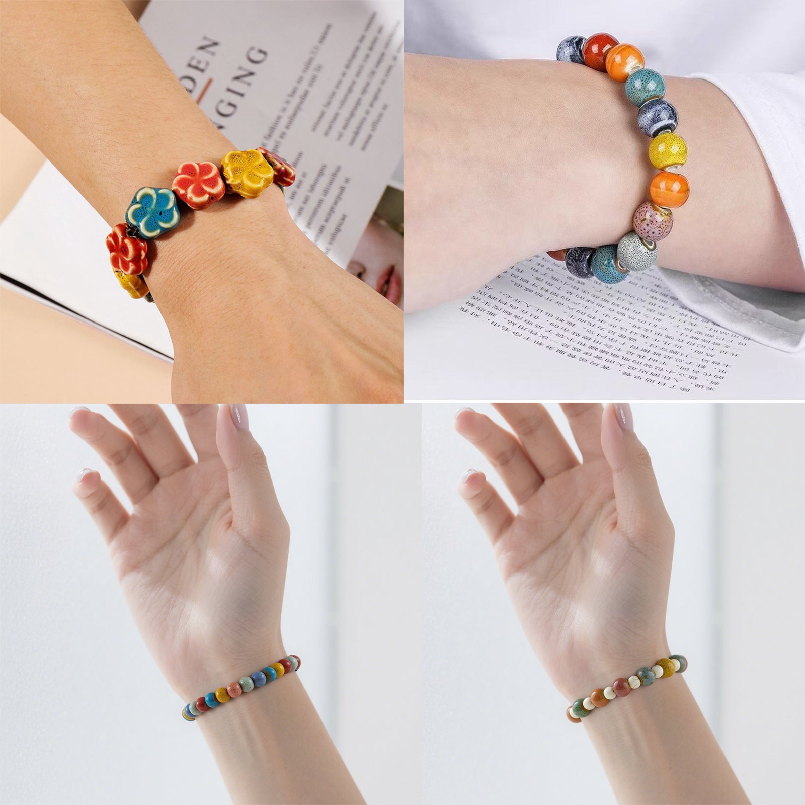 4 Pcs Handmade Ceramic Bead Bracelets Set, Colorful Boho Elastic Stretch Bracelets for Women Men, Stackable Festival Jewelry Gift