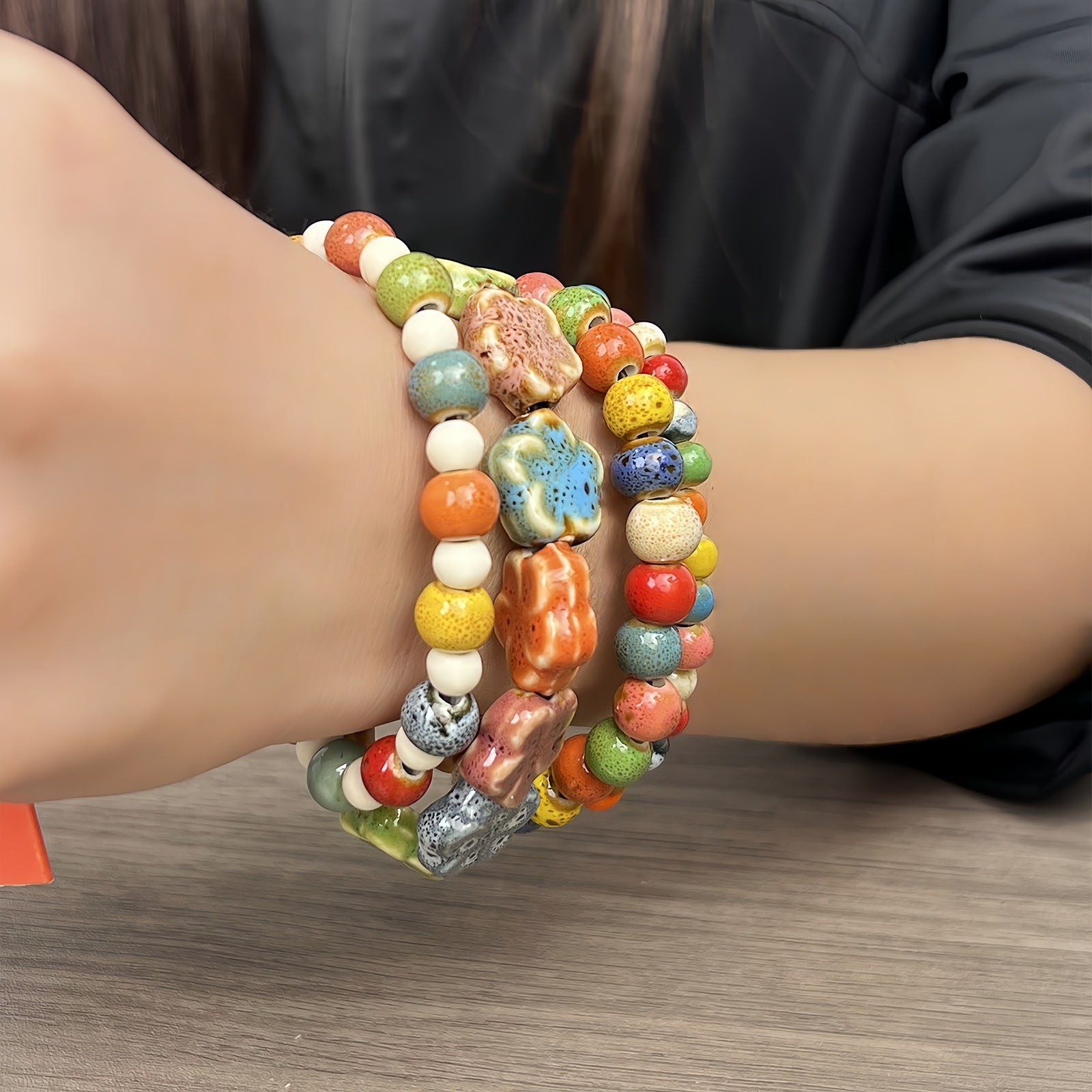 4 Pcs Handmade Ceramic Bead Bracelets Set, Colorful Boho Elastic Stretch Bracelets for Women Men, Stackable Festival Jewelry Gift