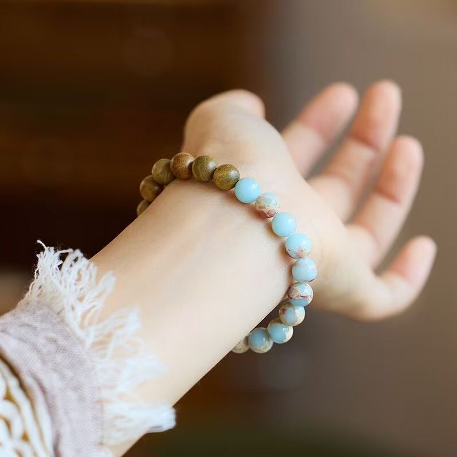 Natural Gemstone Bracelet 8mm Round Bead Bracelets, Shoushan Stone Sandalwood Handmade Elastic Bracelet