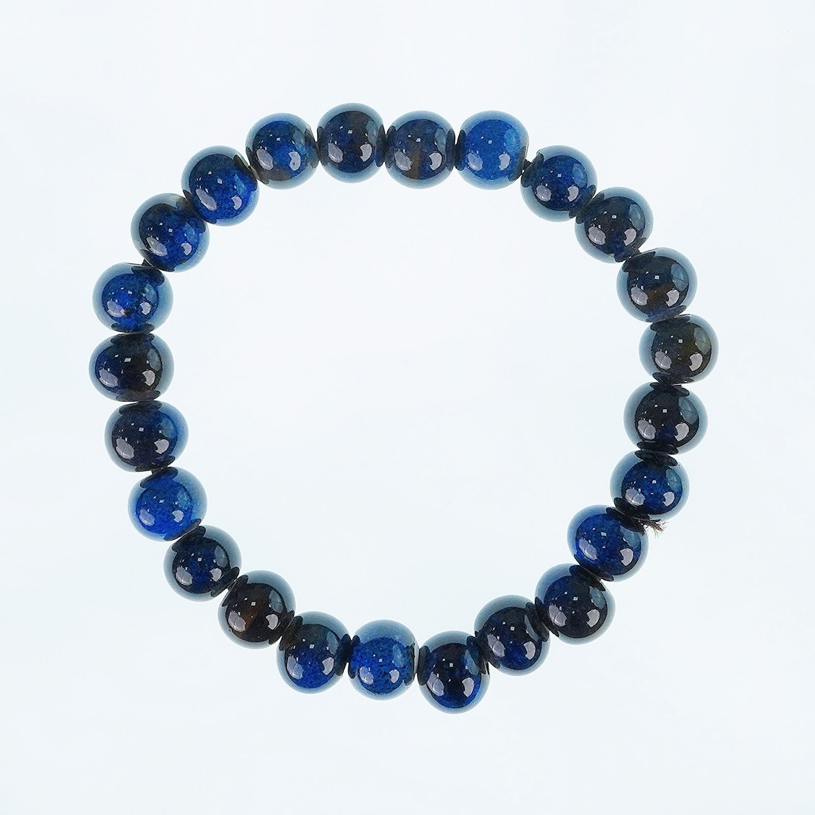 Handmade Natural Gemstone Stretch Elastic Bracelet Round Stone Beads Jewelry Gifts for Women Men (Black Blue)）