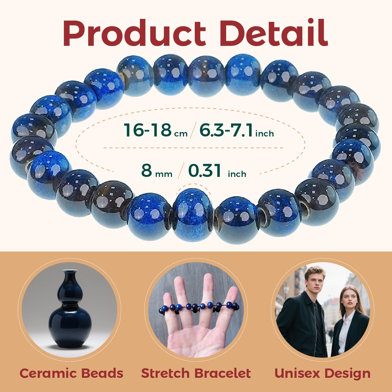 Handmade Natural Gemstone Stretch Elastic Bracelet Round Stone Beads Jewelry Gifts for Women Men (Black Blue)）
