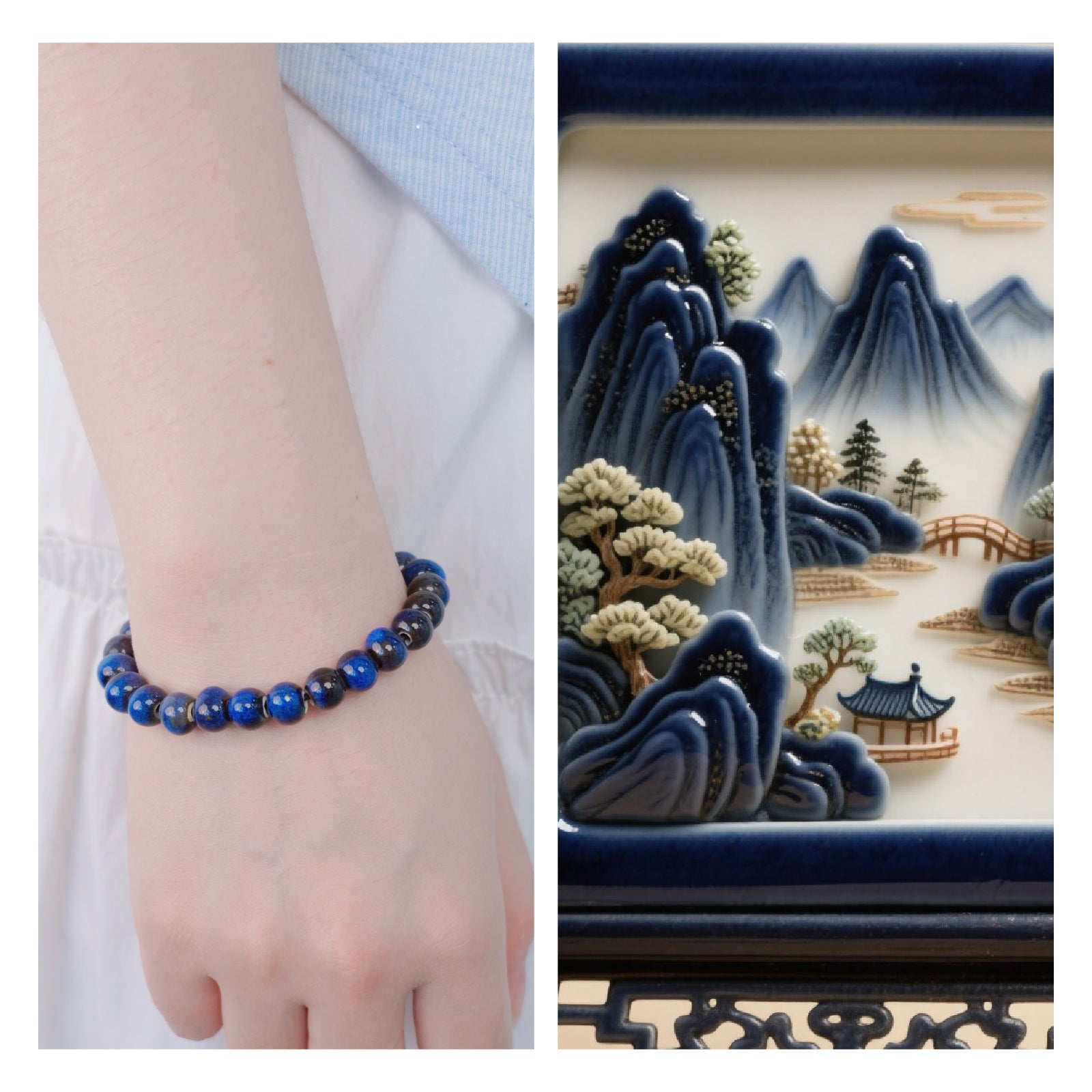 Handmade Natural Gemstone Stretch Elastic Bracelet Round Stone Beads Jewelry Gifts for Women Men (Black Blue)）