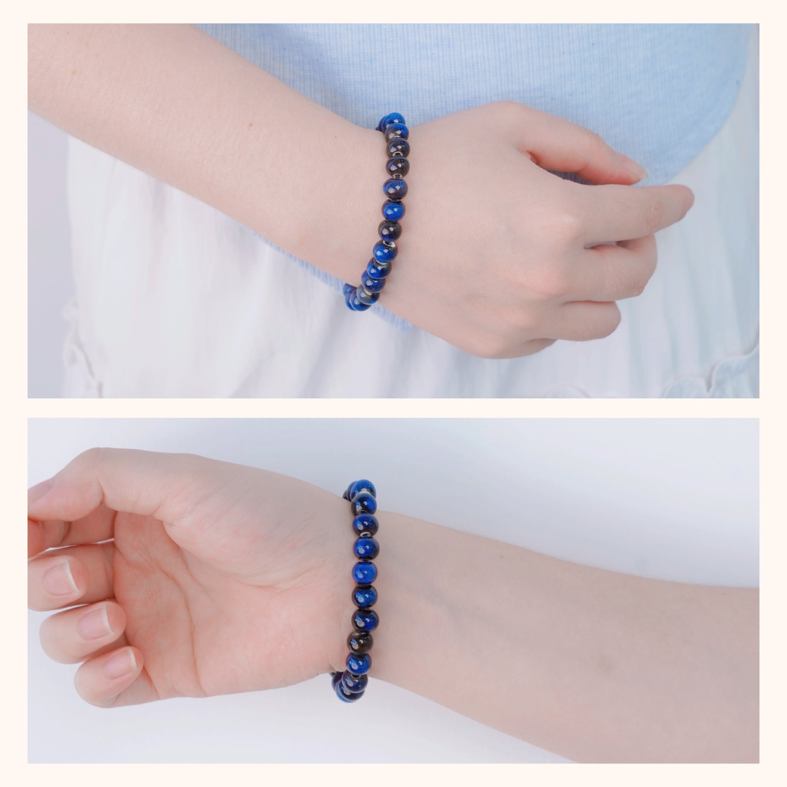 Handmade Natural Gemstone Stretch Elastic Bracelet Round Stone Beads Jewelry Gifts for Women Men (Black Blue)）