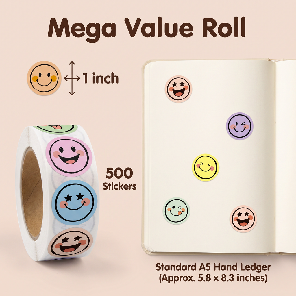 Axxlern Design 500 Smiley Face Stickers,Emoji Sticker Roll for Kids