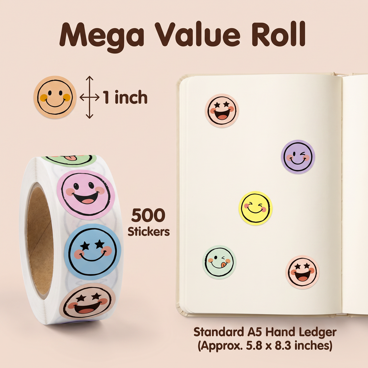 Axxlern Design 500 Smiley Face Stickers,Emoji Sticker Roll for Kids