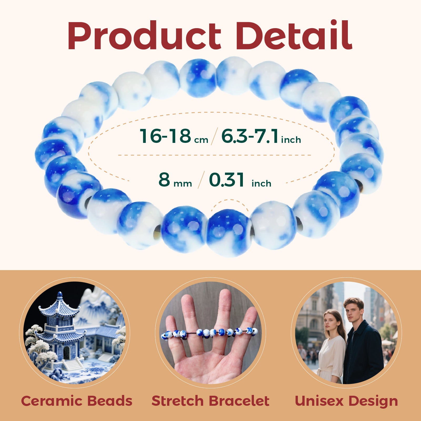 Bracelet for Women Vintage Bracelet Handmade Stretch Beaded Bracelets Dainty Romantic Jewelry Gift (White Blue)