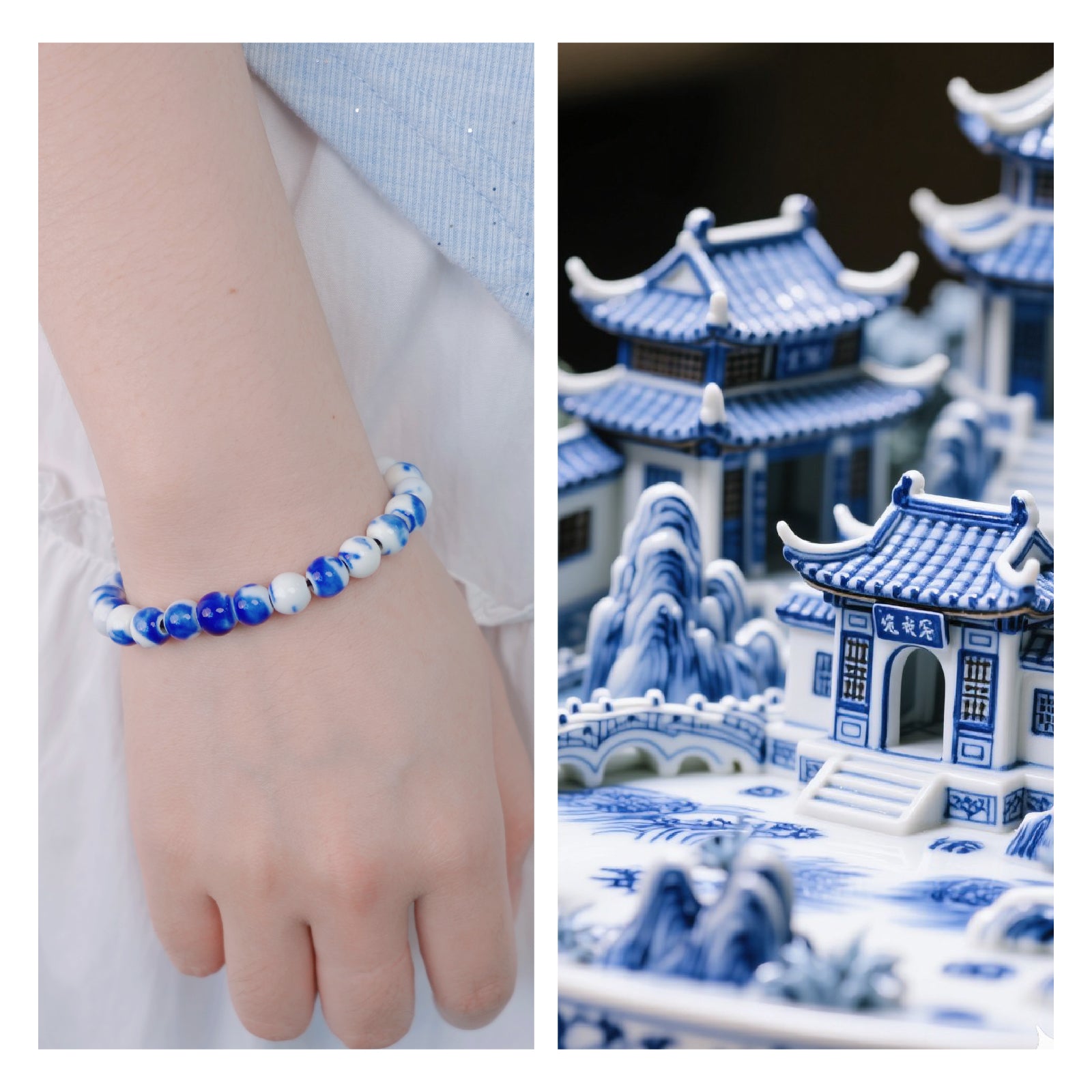 Bracelet for Women Vintage Bracelet Handmade Stretch Beaded Bracelets Dainty Romantic Jewelry Gift (White Blue)