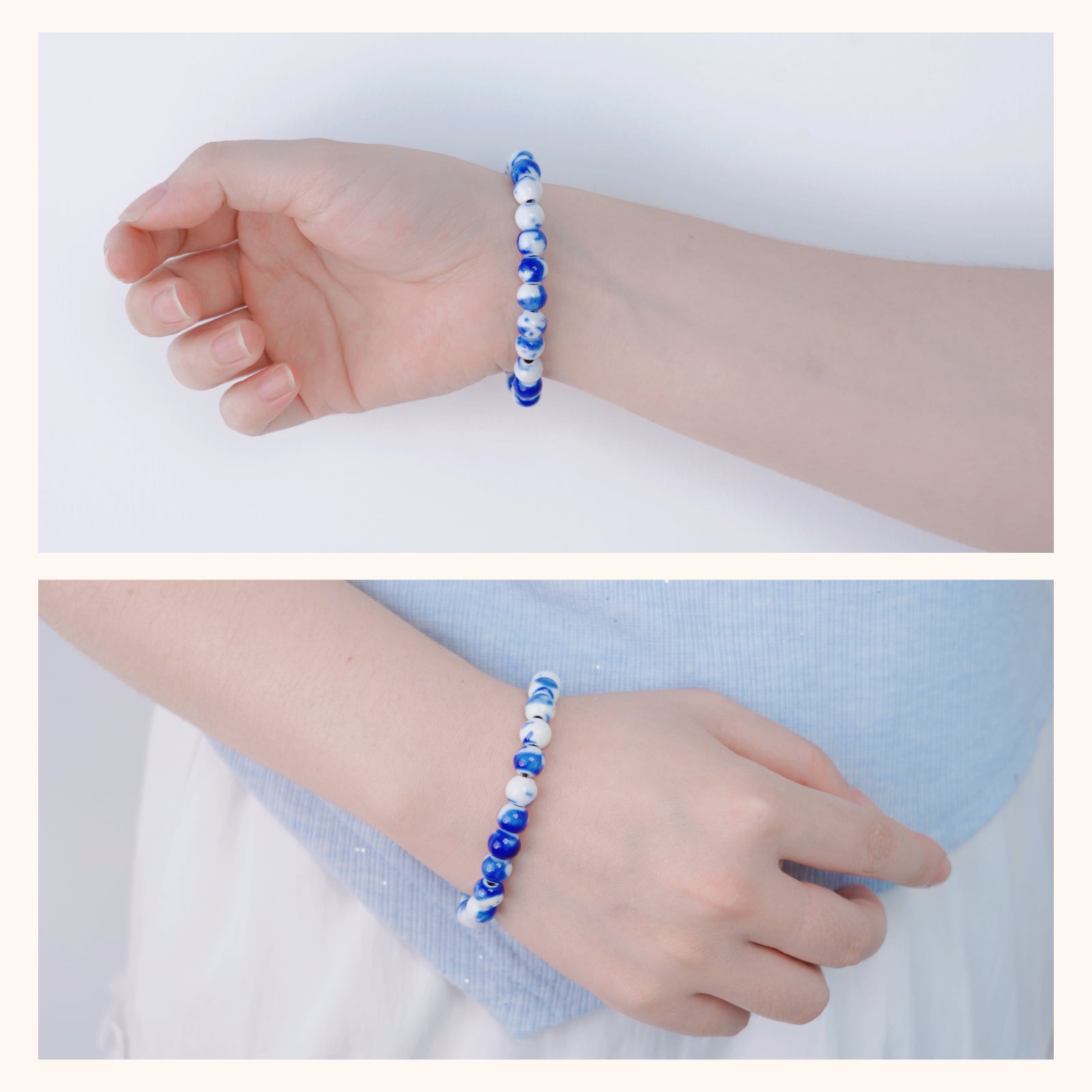 Bracelet for Women Vintage Bracelet Handmade Stretch Beaded Bracelets Dainty Romantic Jewelry Gift (White Blue)