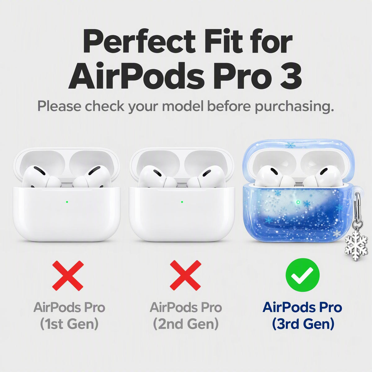 Cute Blue Snowflake Case for AirPods Pro 3 with Charm and Carabiner