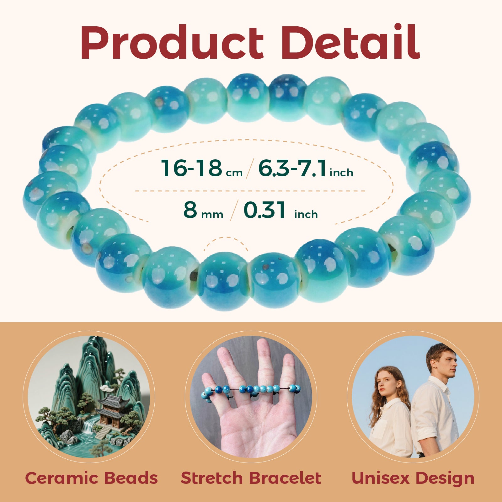 Bracelets for Women and Men Stretch Elastic Bracelet Ceramic Beaded Bracelet (Blue Green)
