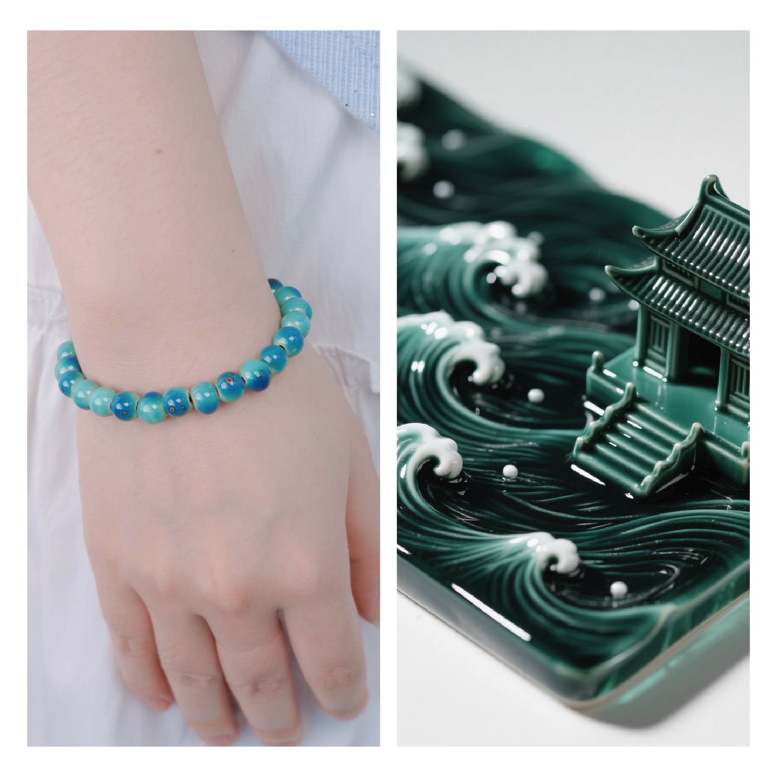 Bracelets for Women and Men Stretch Elastic Bracelet Ceramic Beaded Bracelet (Blue Green)