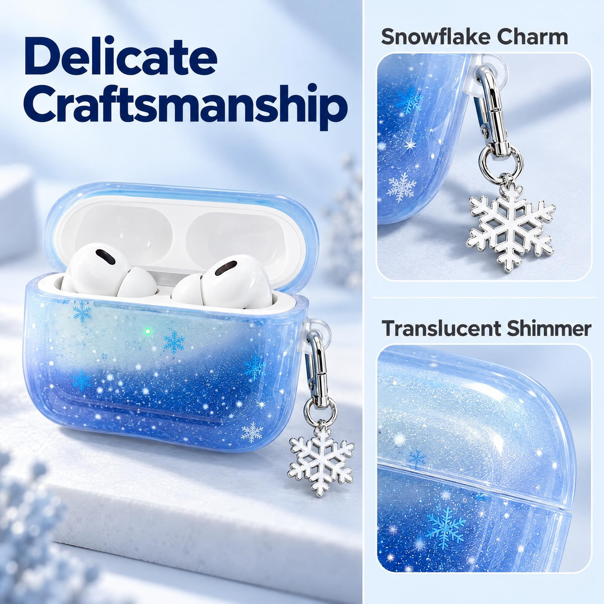 Cute Blue Snowflake Case for AirPods Pro 3 with Charm and Carabiner
