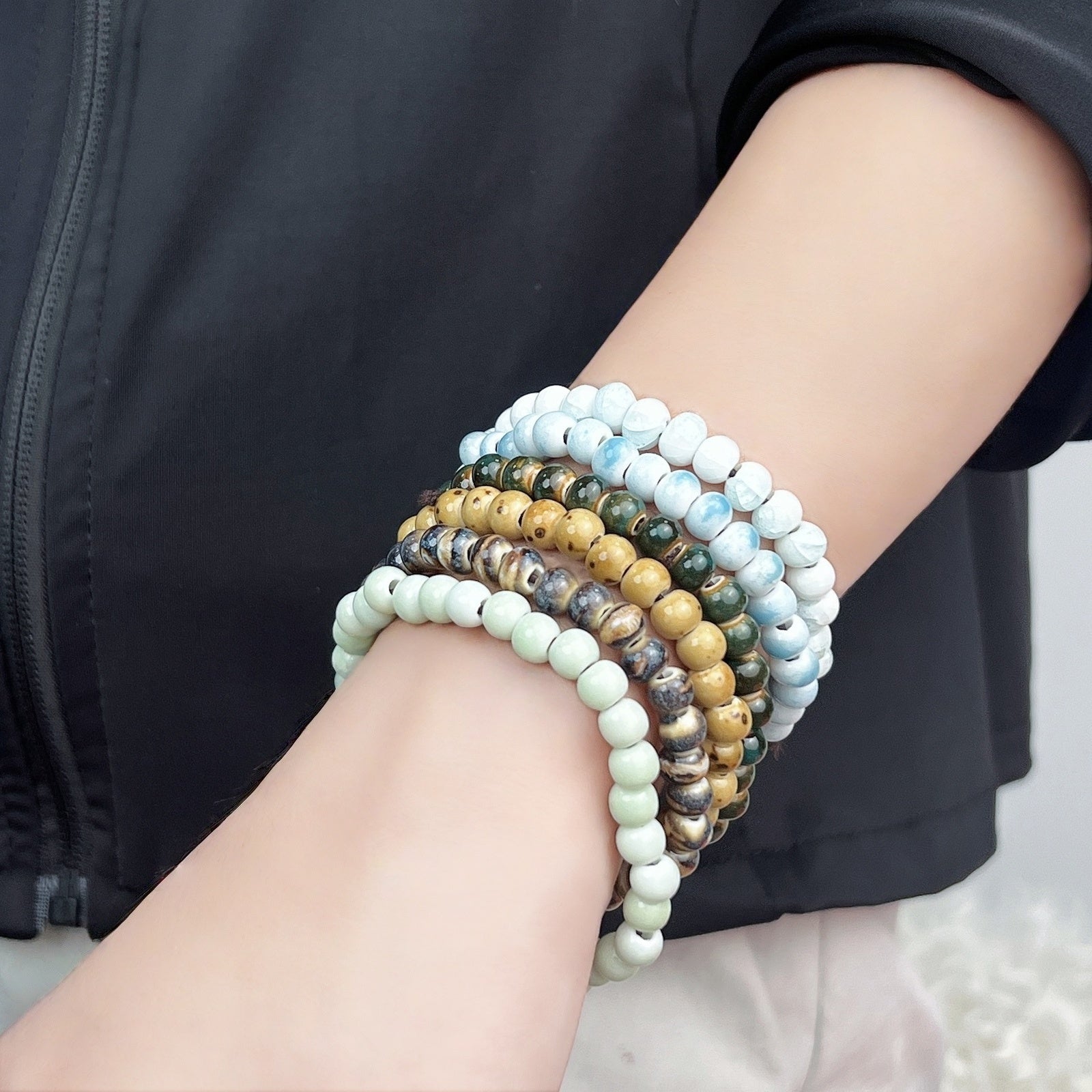 6 Pcs Handmade Ceramic Bead Bracelets Set, Colorful Elastic Stretch Stackable Bracelets for Women Men, Boho Jewelry Gift