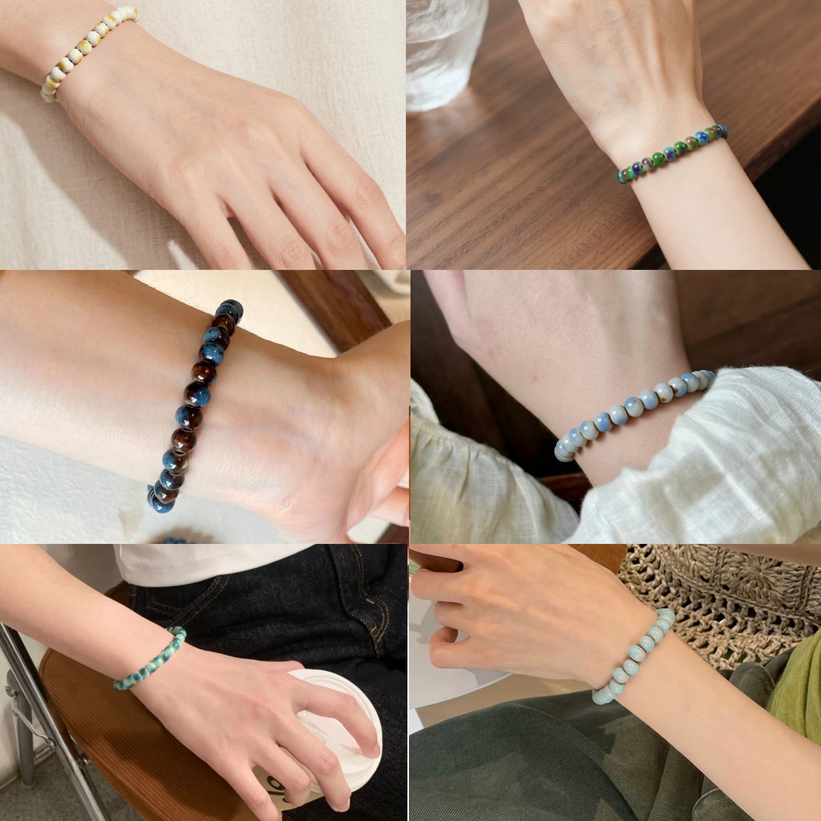 Handmade Ceramic Bead Stretch Bracelets Set, 6pcs Elastic Stackable Boho Bracelets for Women, Colorful Beaded Jewelry Gift