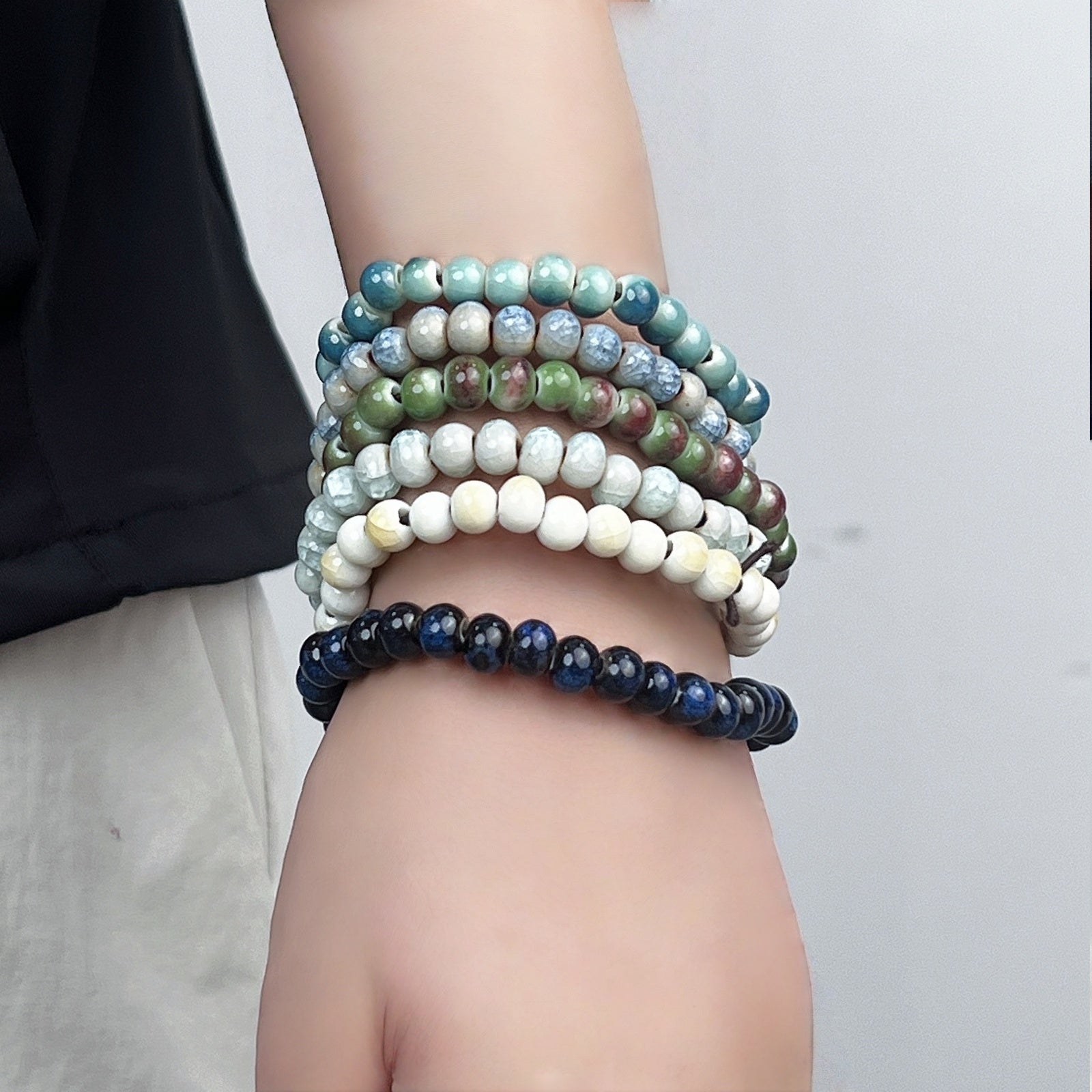 Handmade Ceramic Bead Stretch Bracelets Set, 6pcs Elastic Stackable Boho Bracelets for Women, Colorful Beaded Jewelry Gift