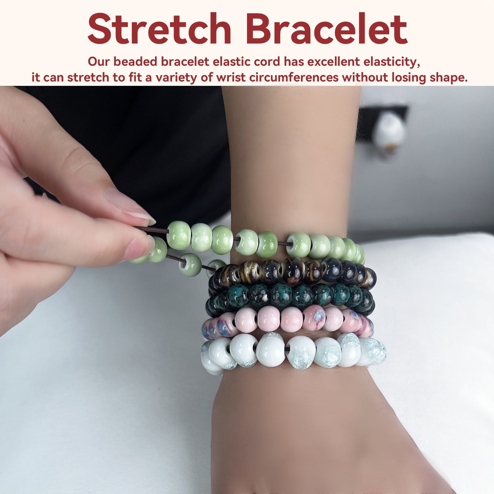 Multicolor Handmade Ceramic Bead Stretch Bracelets, Elastic Adjustable Stackable Boho Jewelry for Women