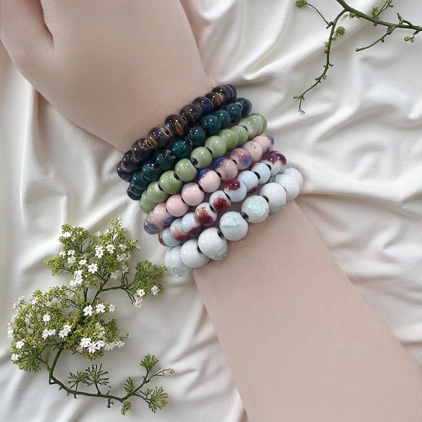Multicolor Handmade Ceramic Bead Stretch Bracelets, Elastic Adjustable Stackable Boho Jewelry for Women
