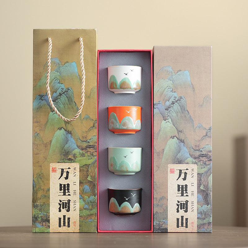 Colorful Landscape-Patterned Jianzhan Tea Cups Set, Ceramic Teacups for Tea Tasting