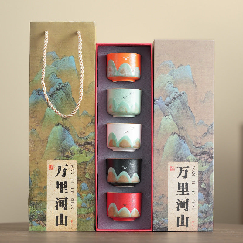Colorful Landscape-Patterned Jianzhan Tea Cups Set, Ceramic Teacups for Tea Tasting
