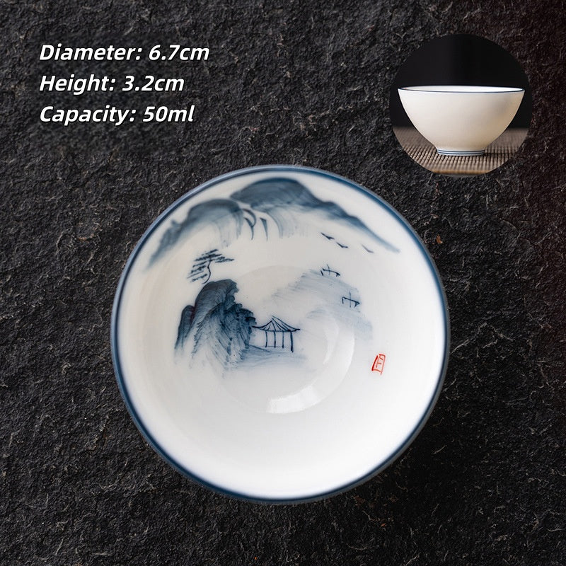 Blue and White Jianzhan Tea Cups Set, Ceramic Teacups for Tea Tasting, Traditional Chinese Tea Ceremony Cups