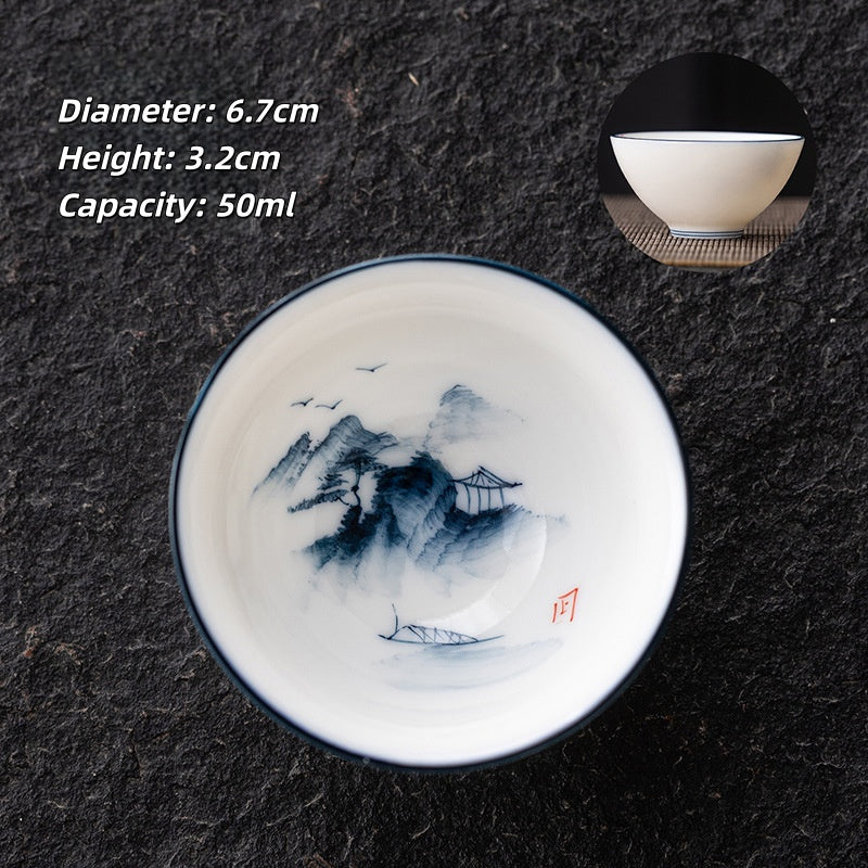 Blue and White Jianzhan Tea Cups Set, Ceramic Teacups for Tea Tasting, Traditional Chinese Tea Ceremony Cups