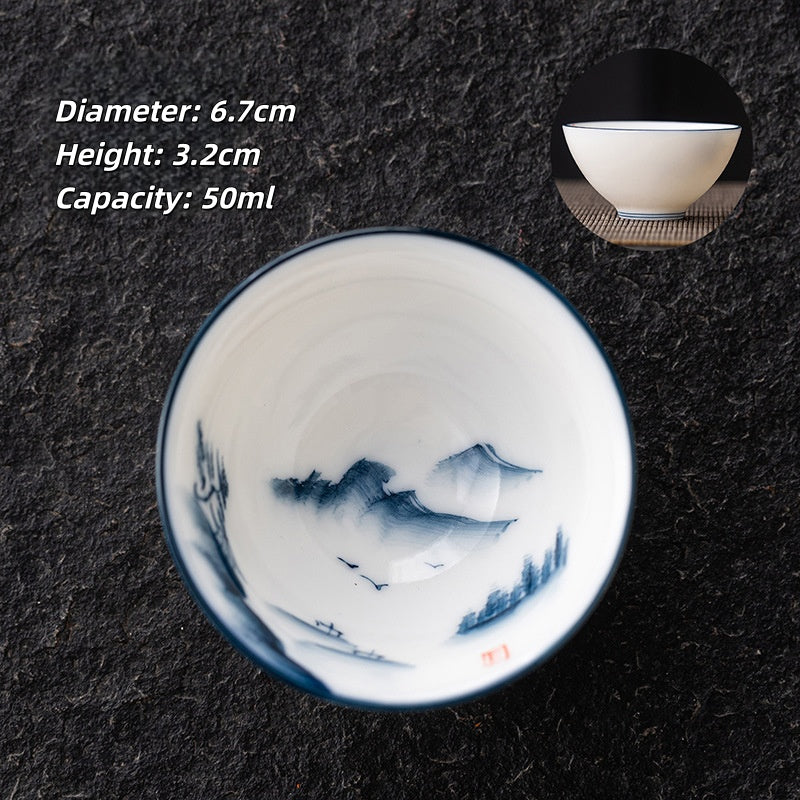 Blue and White Jianzhan Tea Cups Set, Ceramic Teacups for Tea Tasting, Traditional Chinese Tea Ceremony Cups